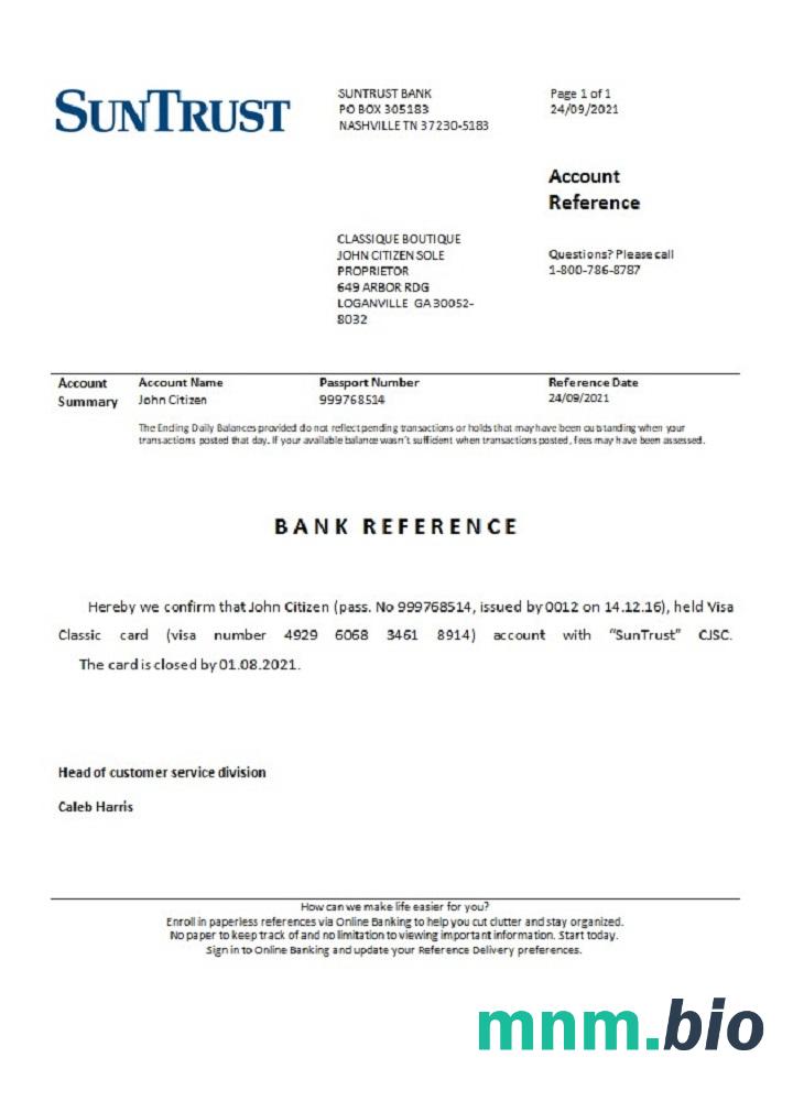 Przykład odniesienia do zamknięcia USA Suntrust w formatach Word i PDF